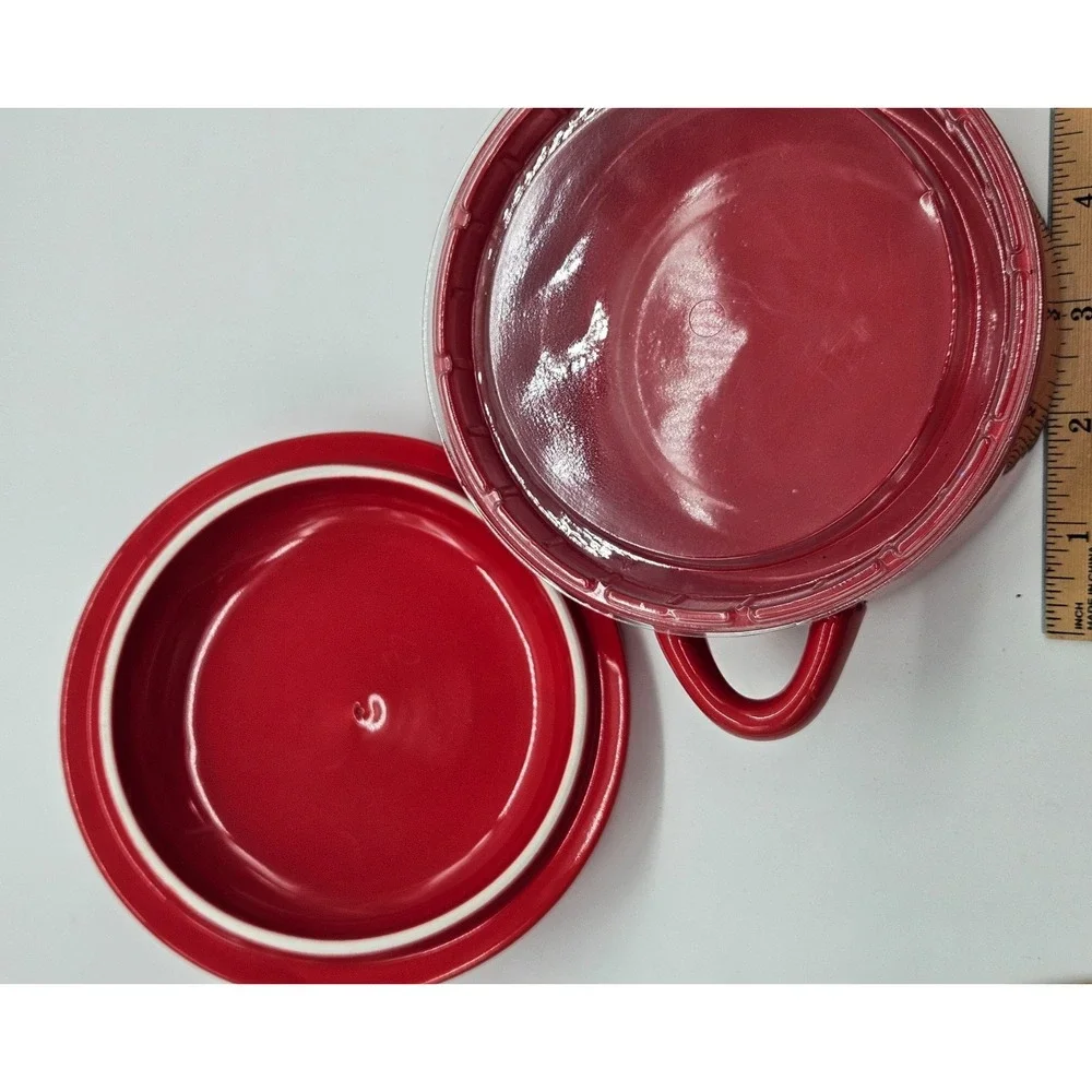 Red Ceramic Mini Cocotte with Heart Lid Knob and Bamboo Spreader Set